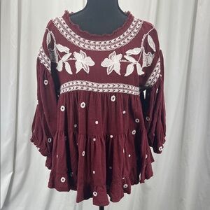 NWT Free People Burgundy Floral Embroidered Blouse Boho Cottagecore Hippie